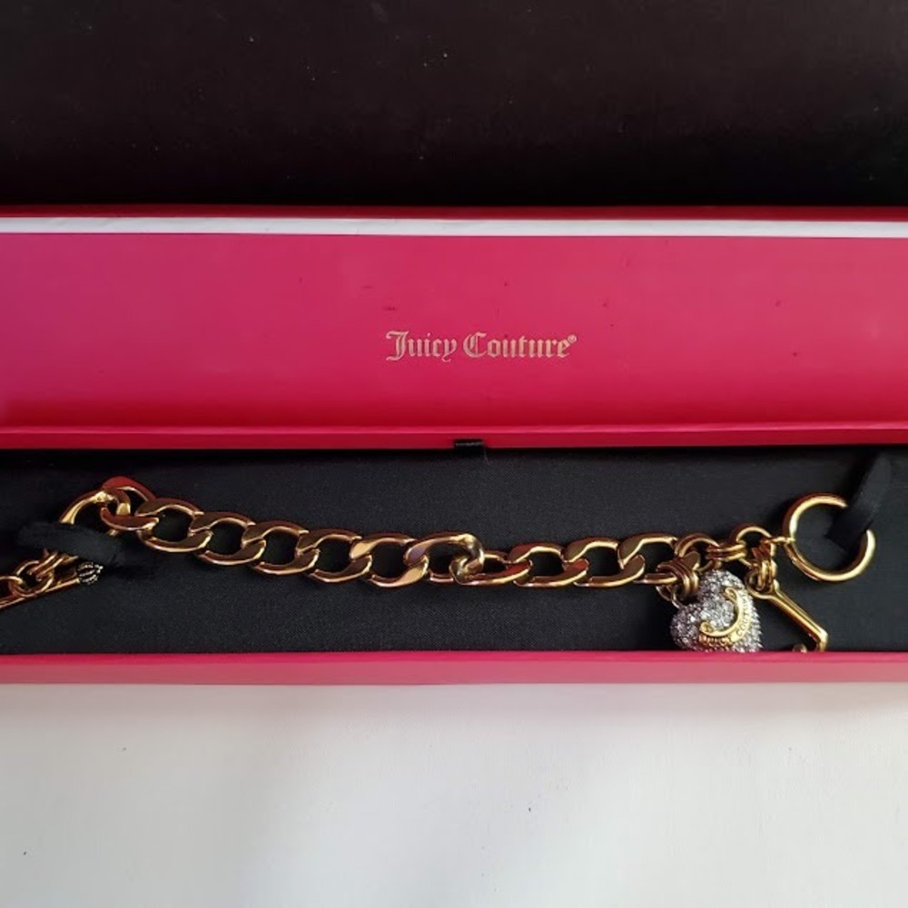 Juicy Couture Gold Pave Starter Charm Bracelet YJRU4043 Heart Rhinestone Toggle